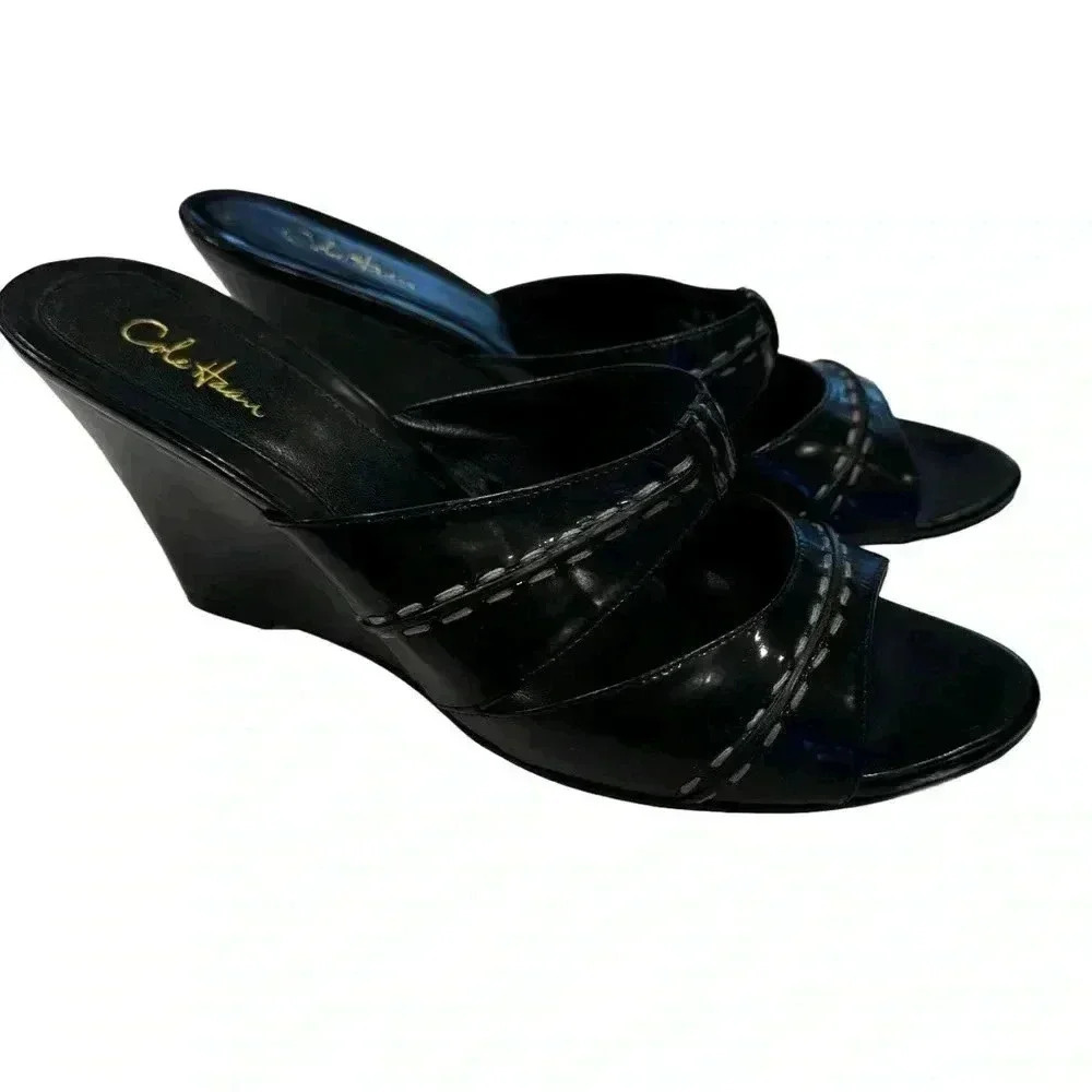 Cole Haan black leather wedge sandals with white stitching. Size 8.5